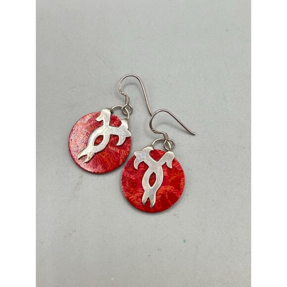 Sponge Coral Earrings Sterling Silver Apple Coral Round Pierced Dangles Drops - Picture 2 of 5